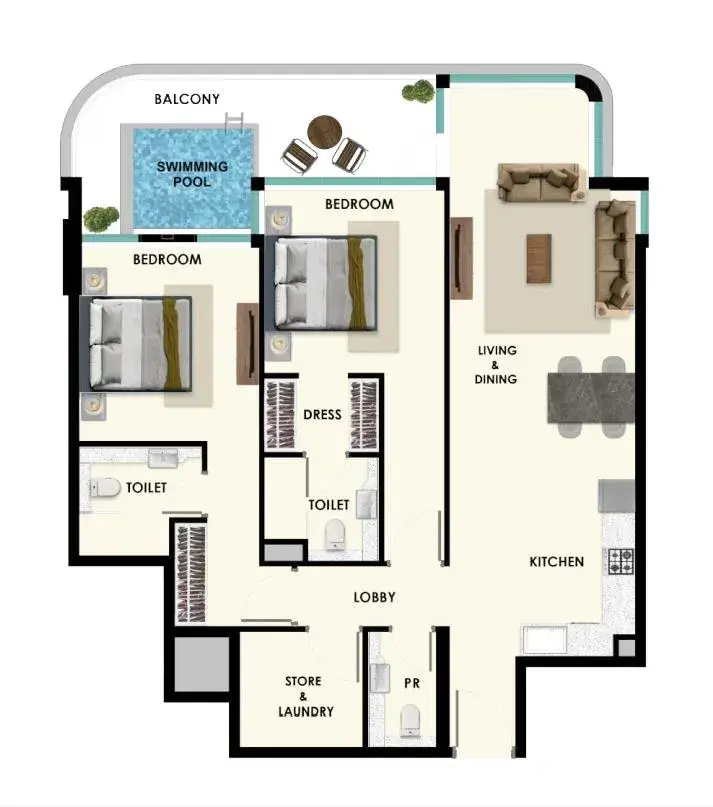 2 Bedrooms apartments - Rome by Samana Developers floor plan