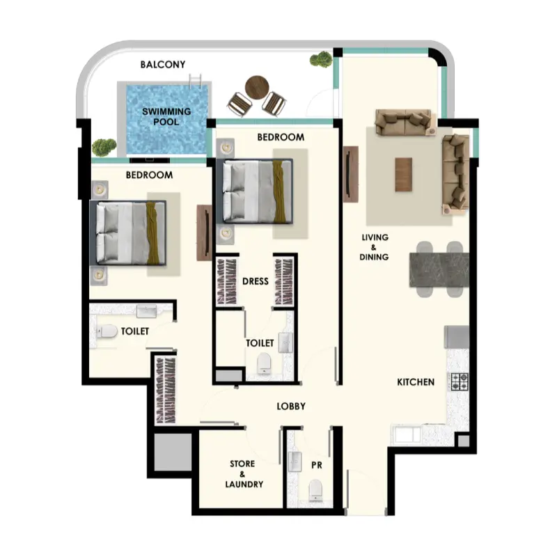 2 bedroom + pool floor plan