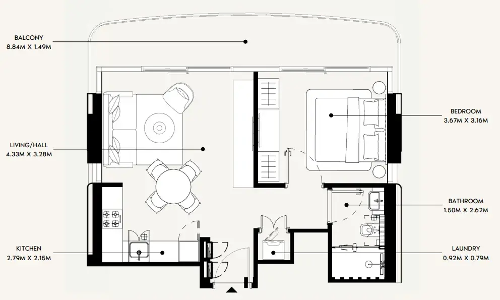 1 Bedroom apartments - Azizi David floor plan
