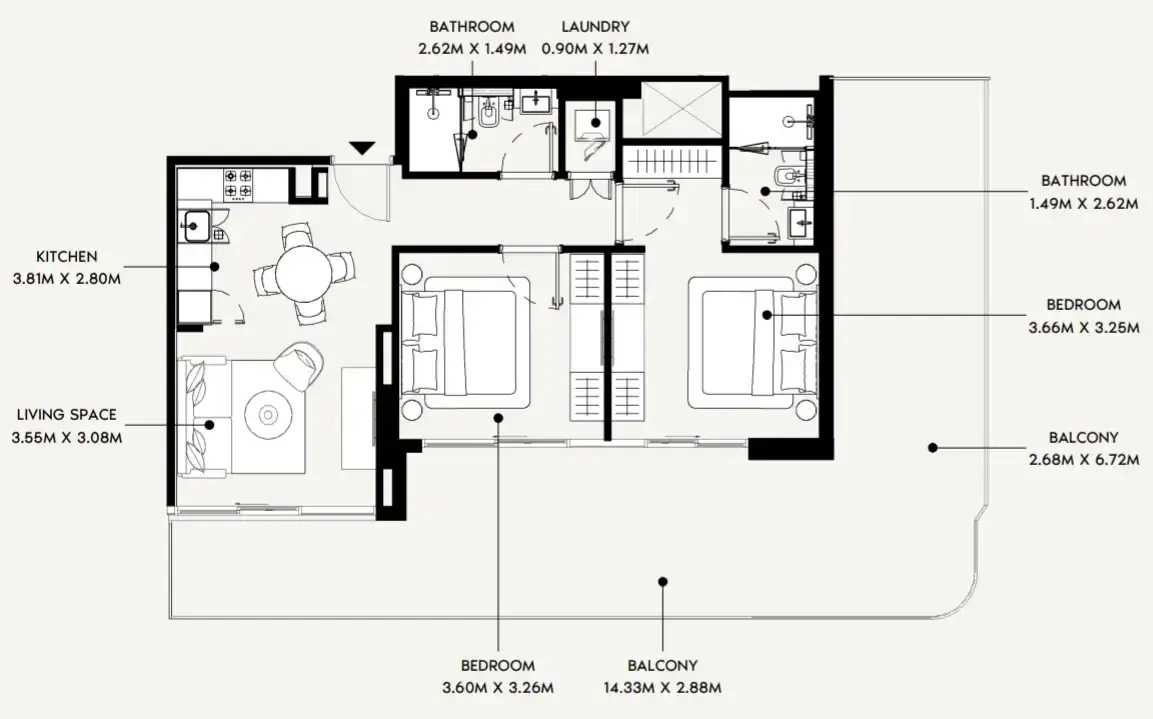 2 Bedrooms apartments - Azizi David floor plan