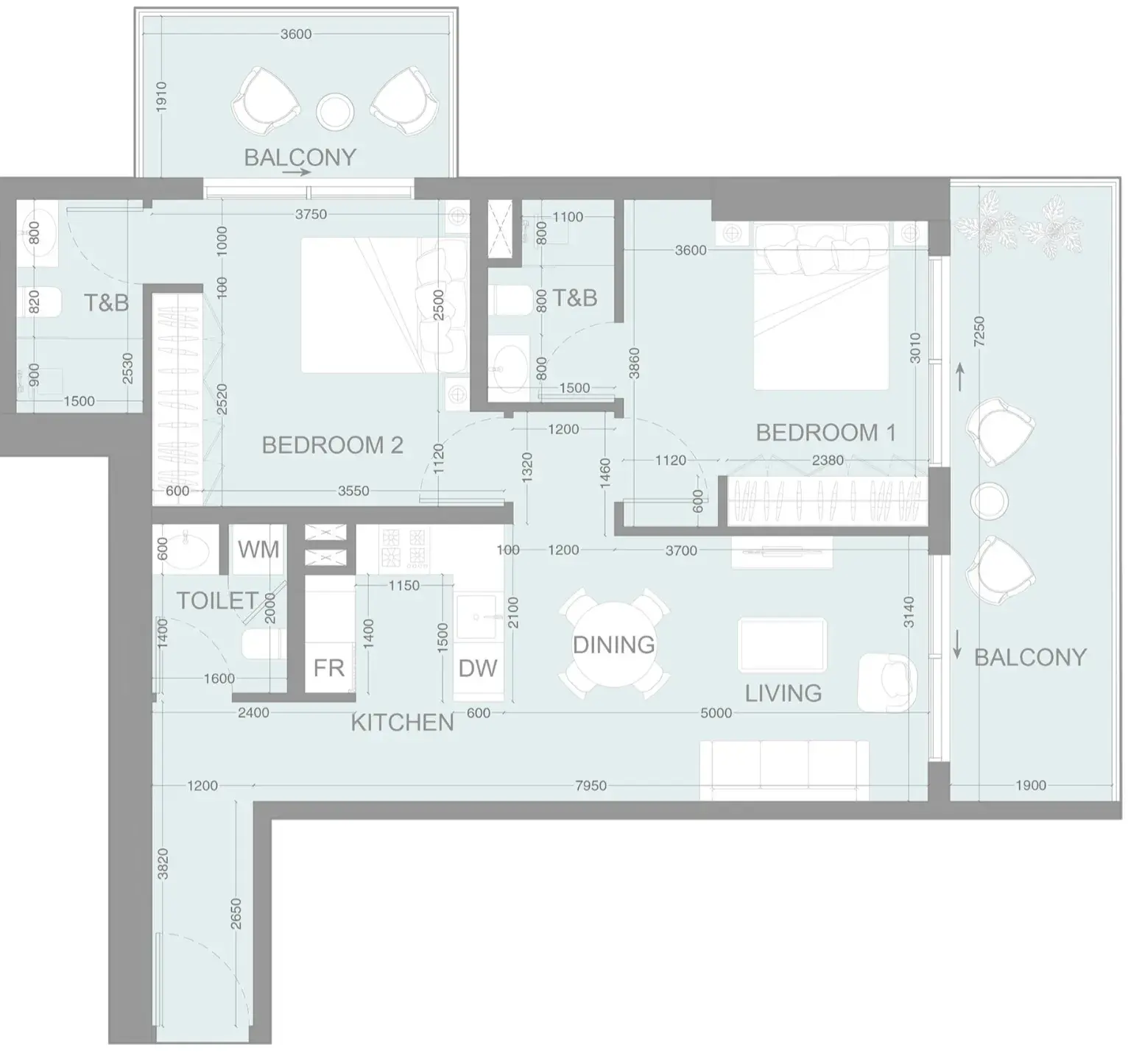 2 Bedrooms apartments - LUM1NAR floor plan
