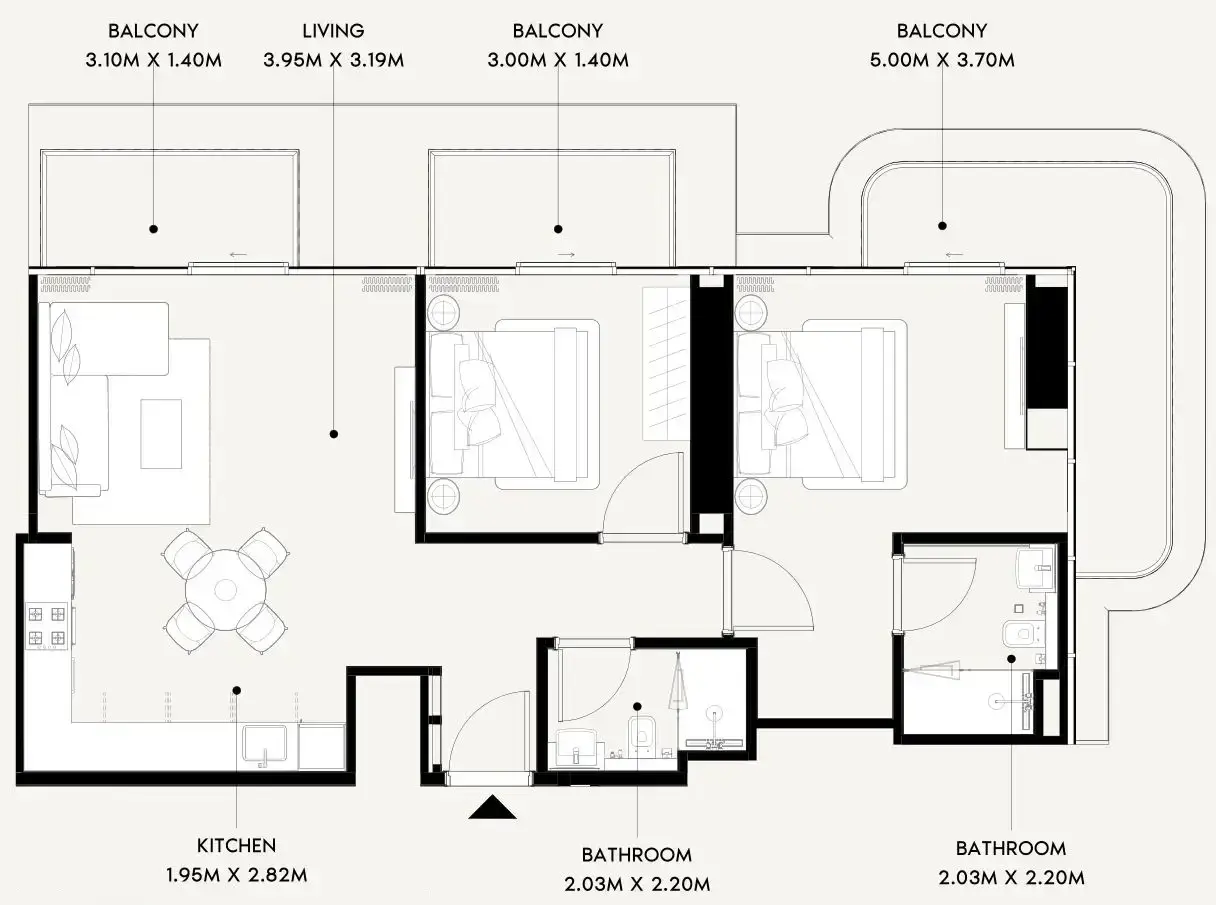 2 Bedrooms apartments - Azizi Wares floor plan