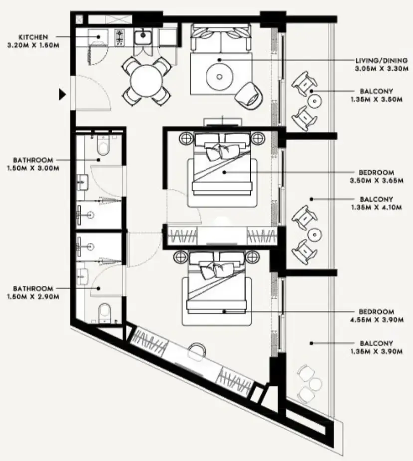 2 Bedrooms apartments - Azizi Arian floor plan