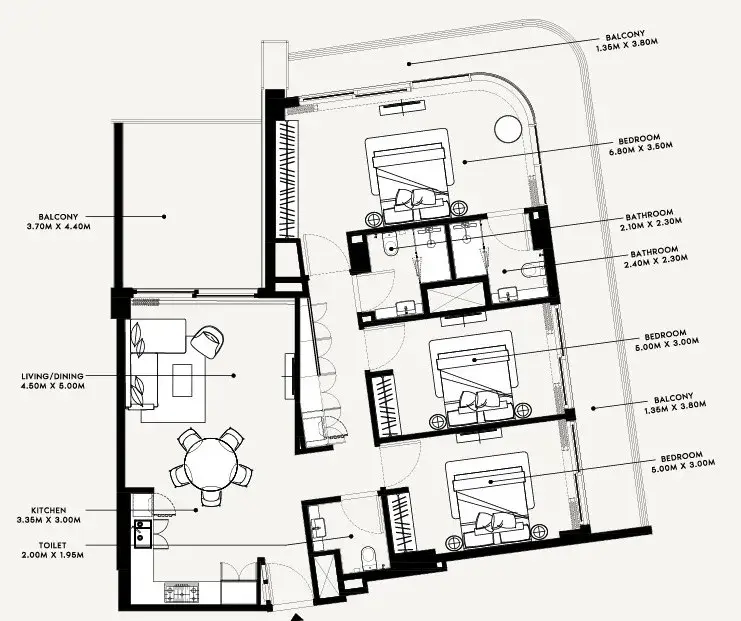 3 Bedrooms apartments - Azizi Arian floor plan
