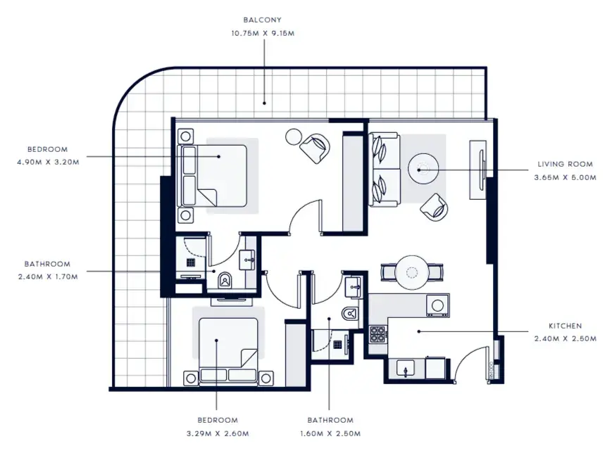 2 Bedrooms apartments - Azizi Grand  floor plan