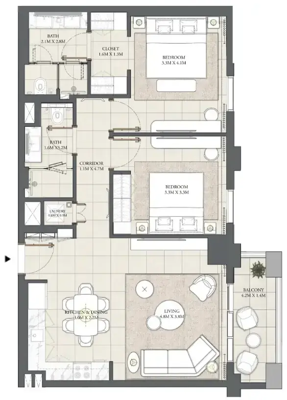 2 Bedrooms apartments - Cedar floor plan