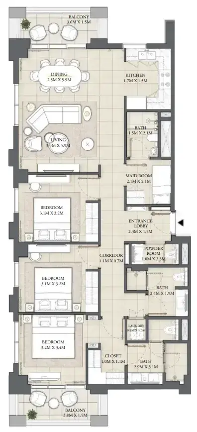 3 Bedrooms apartments - Cedar floor plan