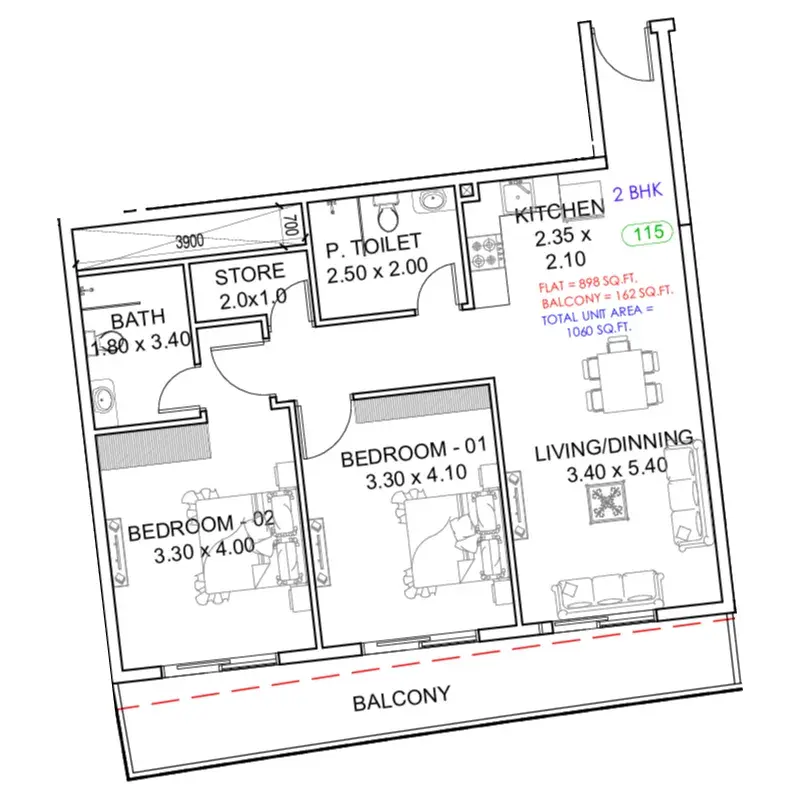 2 Bedrooms apartments - Astra South floor plan