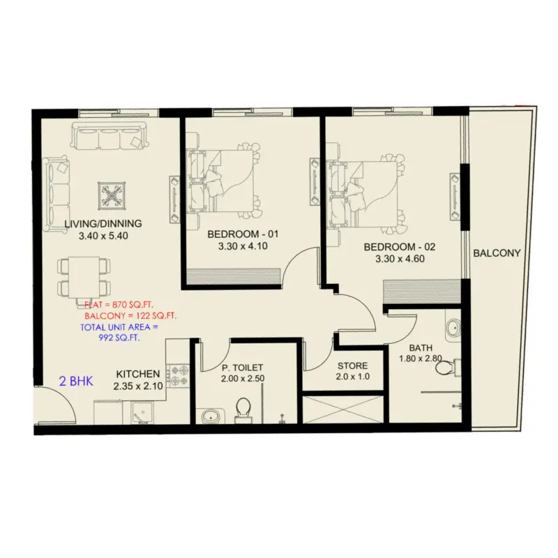 2 bedroom floor plan