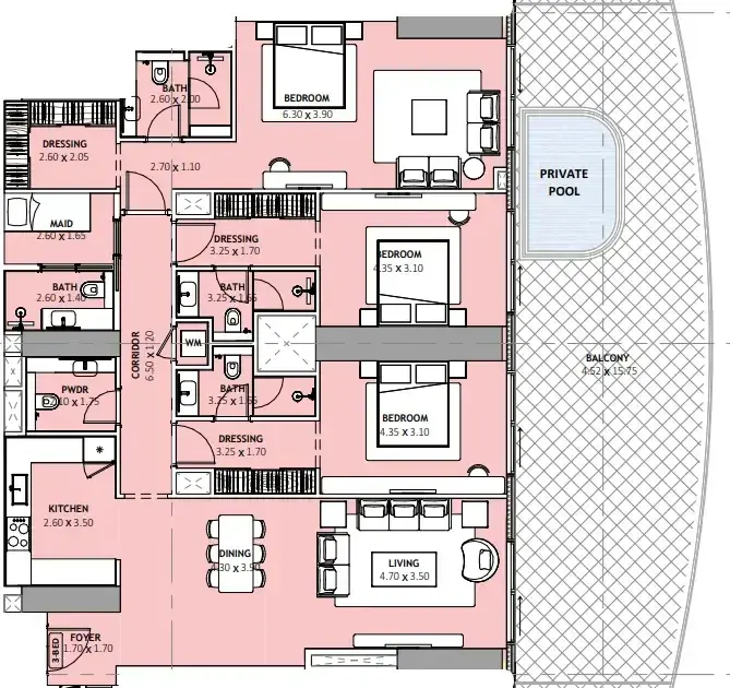 3 Bedrooms apartments - Binghatti Skyblade floor plan