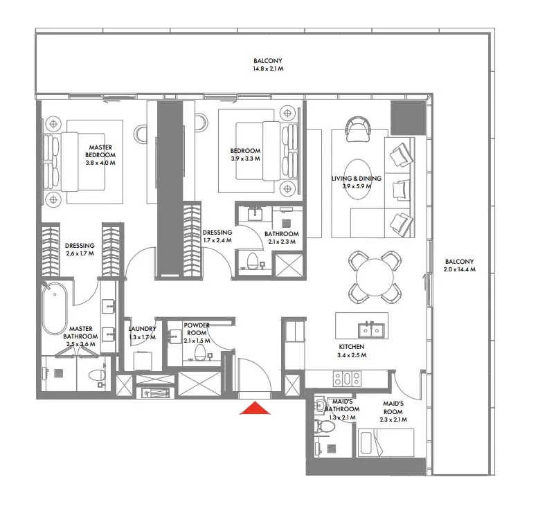 2 Bedrooms apartments - W The Residences by Arada floor plan