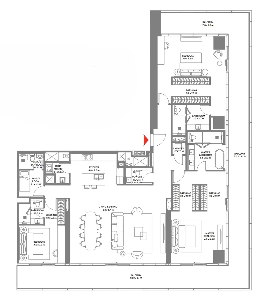 3 Bedrooms apartments - W The Residences by Arada floor plan