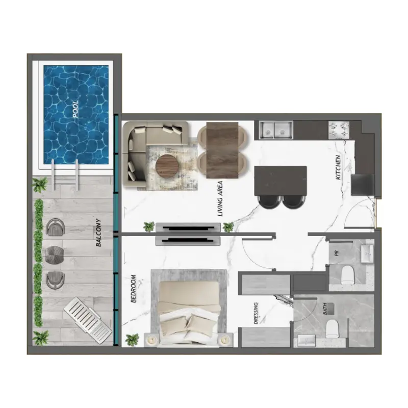 1 bedroom + pool floor plan