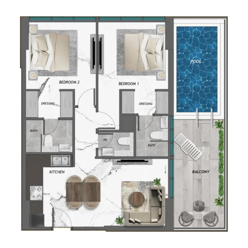 2 bedroom + pool floor plan