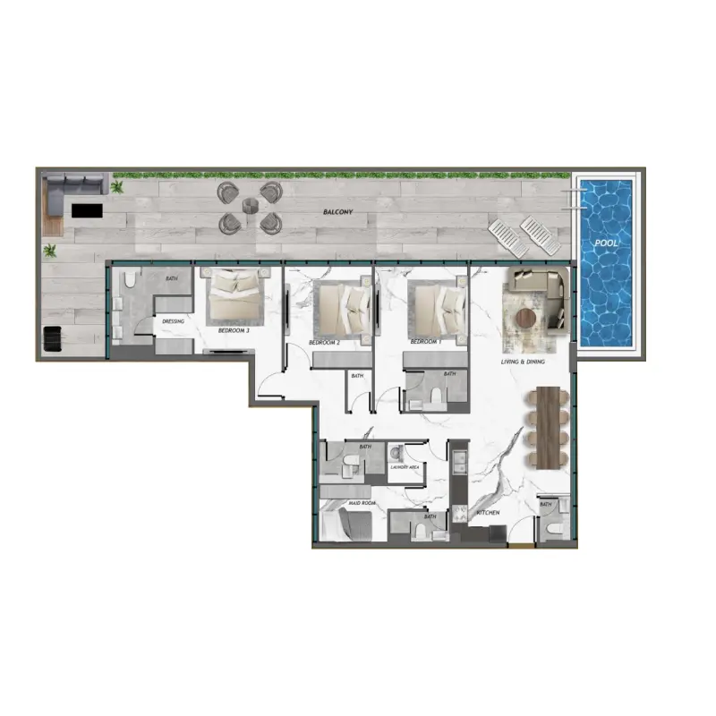 3 bedroom + pool floor plan