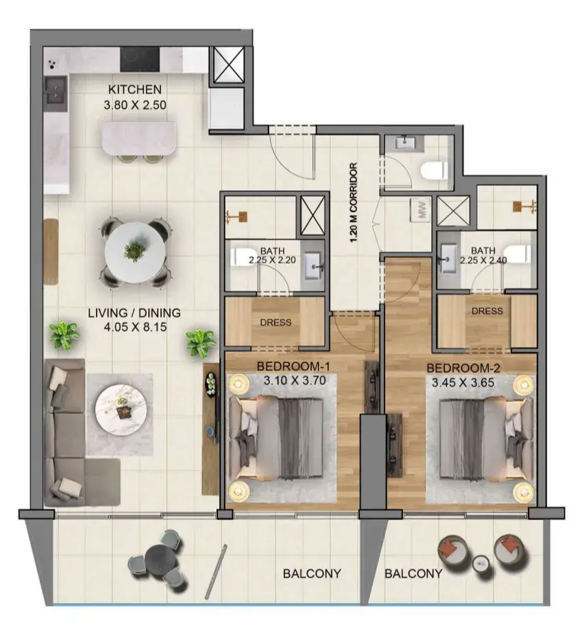 2 Bedrooms apartments - Sky Hills Residence 3 floor plan