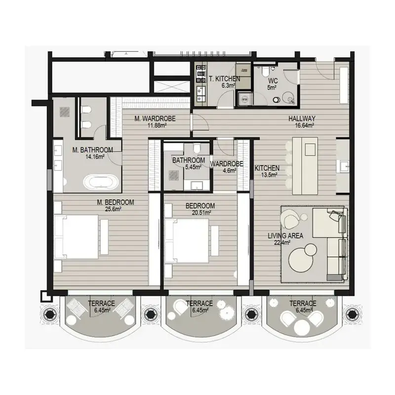 2 Bedrooms apartments - Raffles The Palm Dubai floor plan