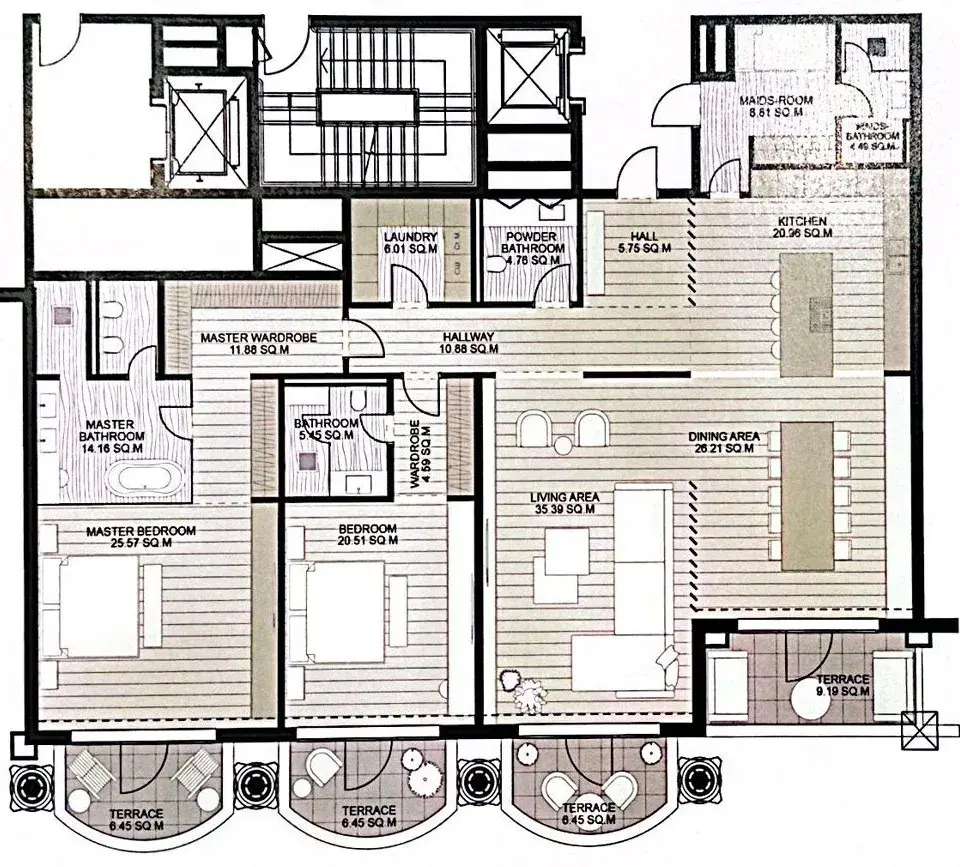 3 Bedrooms apartments - Raffles The Palm Dubai floor plan