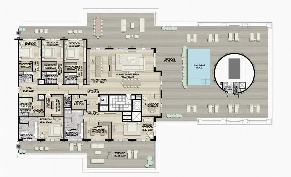 5 Bedrooms apartments - Raffles The Palm Dubai floor plan