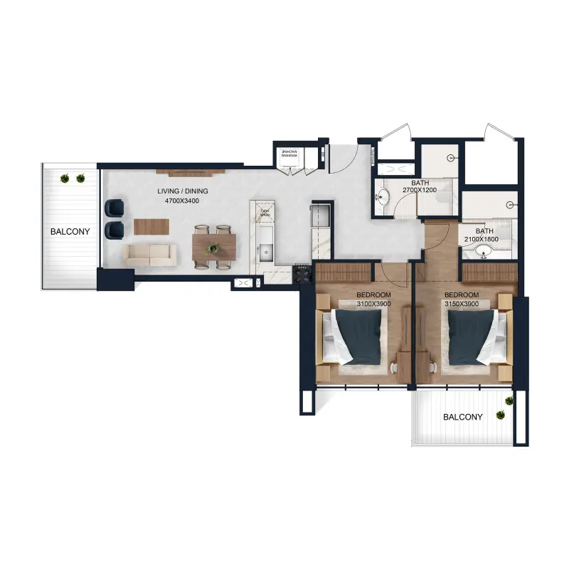 2 bedroom floor plan