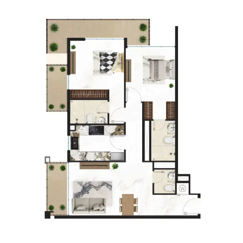 2 Bedrooms apartments - Courtyard One floor plan