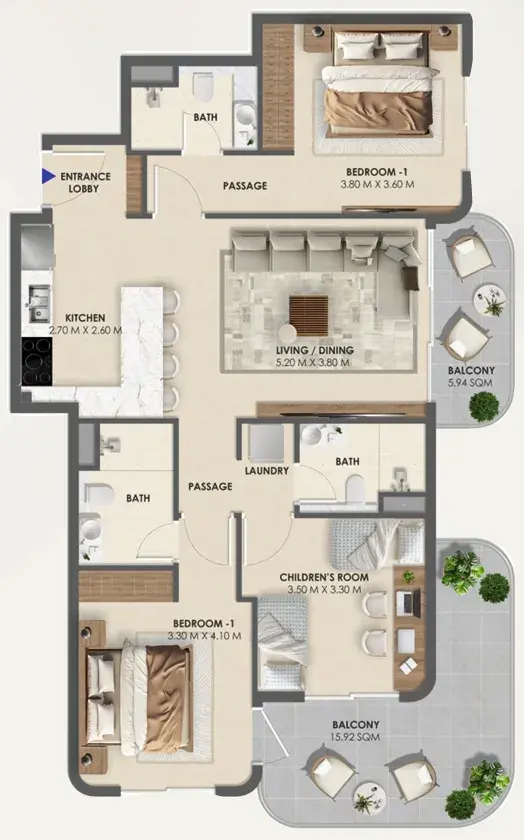 3 Bedrooms apartments - Vivida Residences floor plan