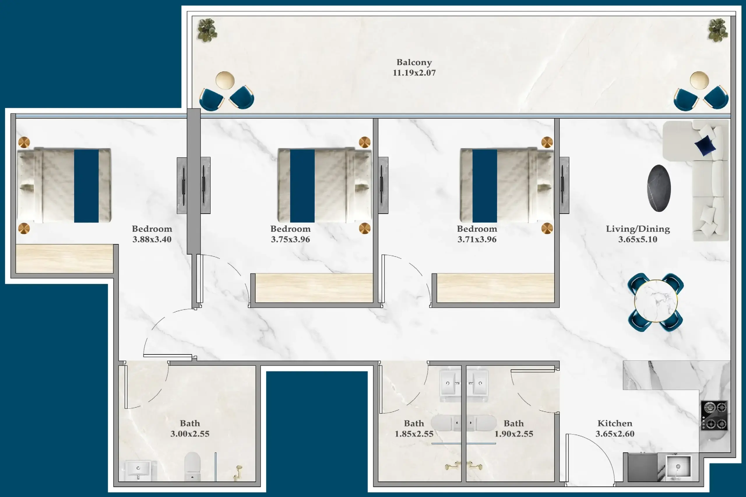 3 Bedrooms apartments - Serenz floor plan