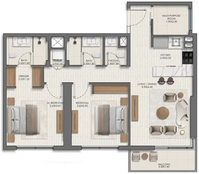 2.5 bedrooms apartments - Belmont floor plan
