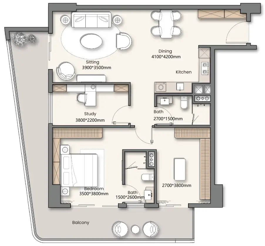 1 Bedroom apartments - Yigo 26 floor plan