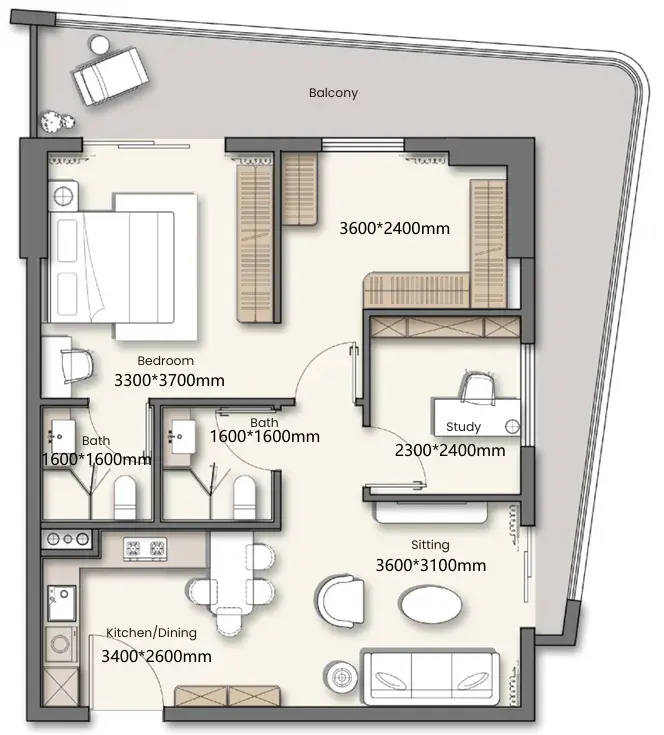 1.5 bedrooms apartments - Yigo 26 floor plan